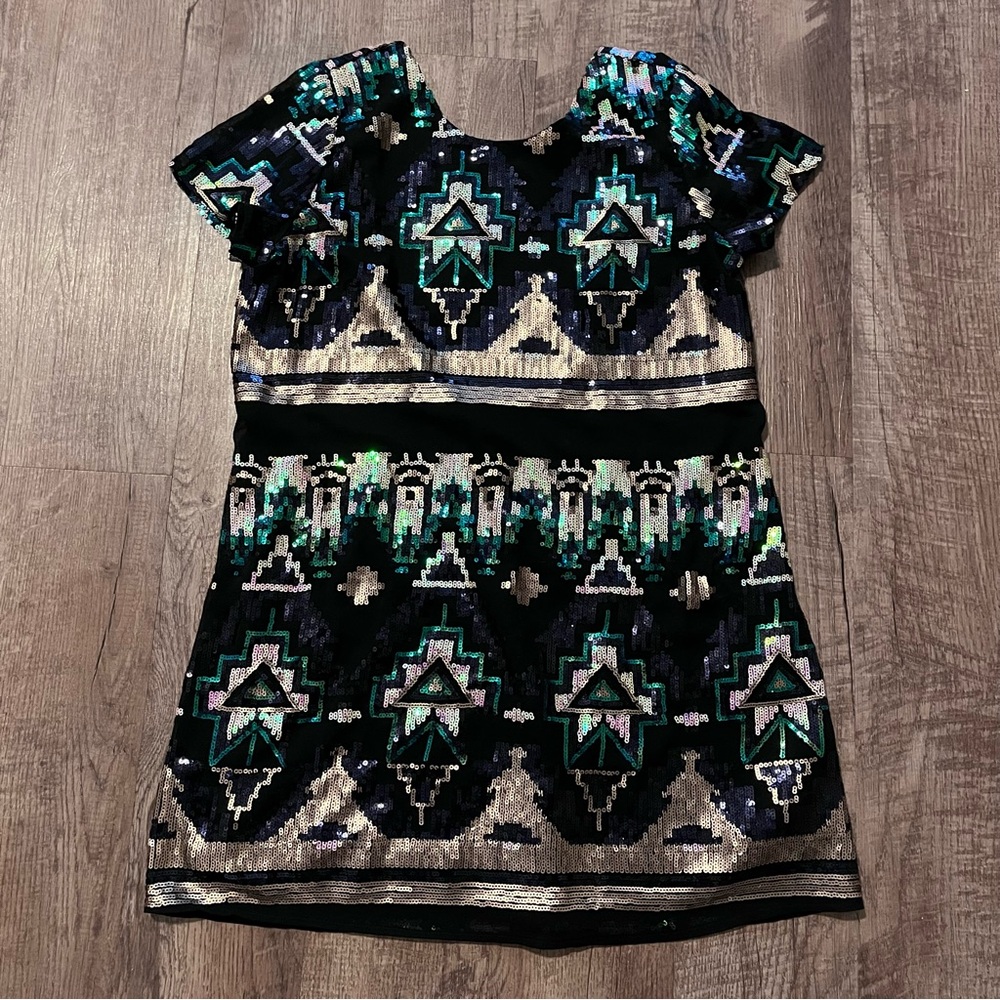 Show Me Your MuMu Black Sequin Mini Dress with Teal & Silver Pattern Sz medium